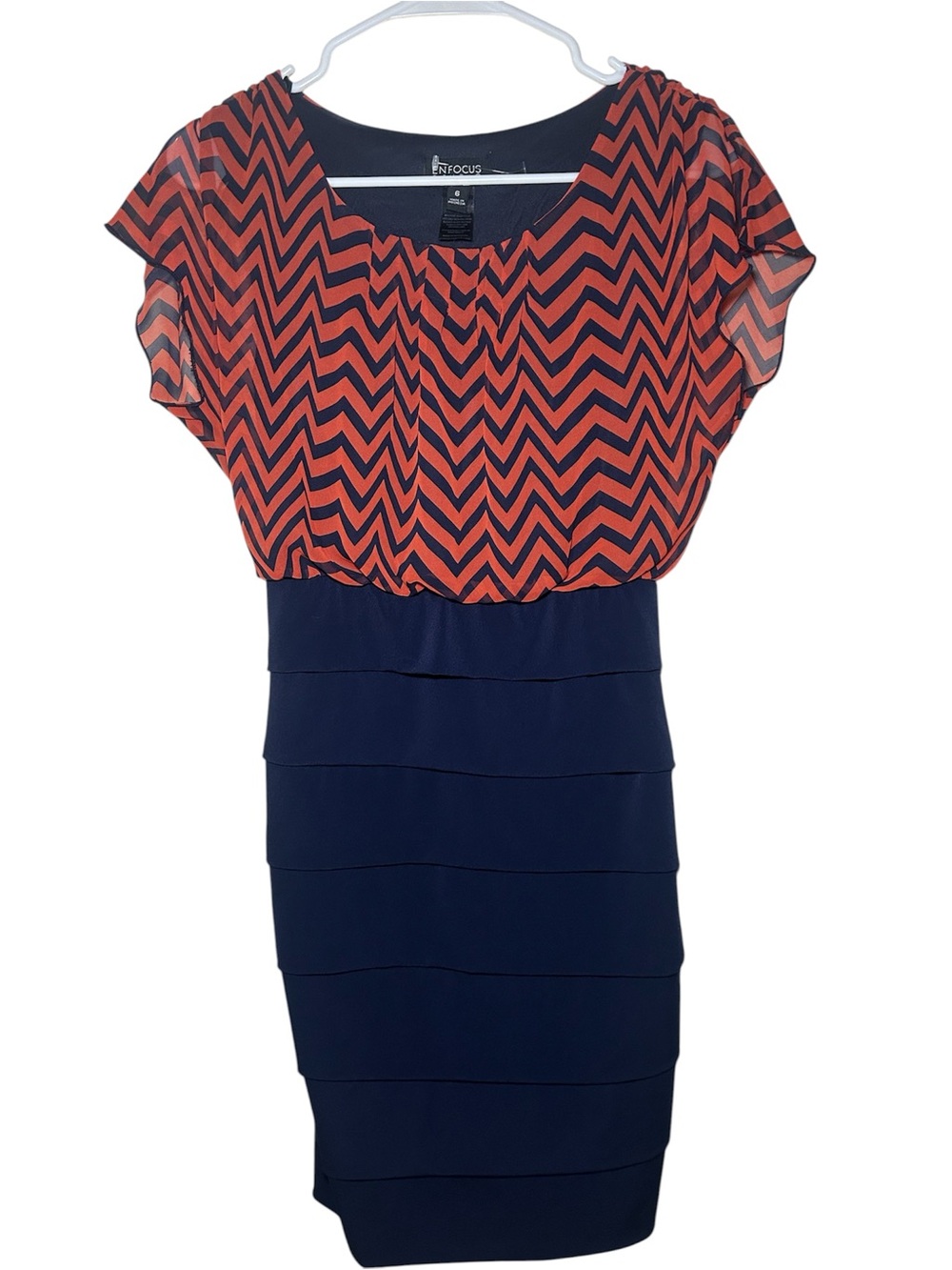 Enfocus Studio Chevron Blouson Navy and Coral Sheath Dress Fall Casual 6 Midi